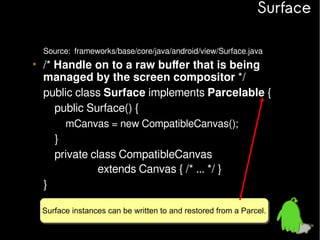 Surface
Source: frameworks/base/core/java/android/view/Surface.java

• /* Handle on to a raw buffer that is being
managed by the screen compositor */
public class Surface implements Parcelable {
public Surface() {
mCanvas = new CompatibleCanvas();

}
private class CompatibleCanvas
extends Canvas { /* ... */ }
}
Surface instances can be written to and restored from a Parcel.
Surface instances can be written to and restored from a Parcel.

 