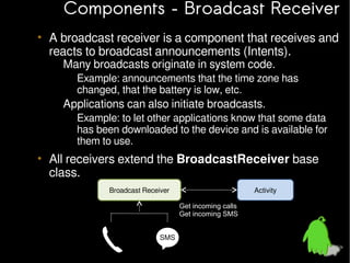 Components – Broadcast Receiver
• A broadcast receiver is a component that receives and
reacts to broadcast announcements (Intents).
– Many broadcasts originate in system code.

• Example: announcements that the time zone has
changed, that the battery is low, etc.

– Applications can also initiate broadcasts.
• Example: to let other applications know that some data
has been downloaded to the device and is available for
them to use.

• All receivers extend the BroadcastReceiver base
class.
Broadcast Receiver

Activity
•Get incoming calls
•Get incoming SMS

SMS

 