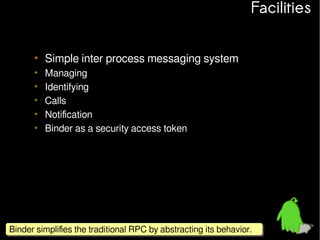 Facilities
• Simple inter process messaging system
•
•
•
•
•

Managing
Identifying
Calls
Notification
Binder as a security access token

Binder simplifies the traditional RPC by abstracting its behavior.
Binder simplifies the traditional RPC by abstracting its behavior.

 