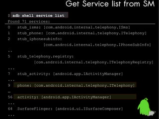 Get Service list from SM
$ adb shell service list
Found 71 services:
0
stub_isms: [com.android.internal.telephony.ISms]
1
stub_phone: [com.android.internal.telephony.ITelephony]
2
stub_iphonesubinfo:
[com.android.internal.telephony.IPhoneSubInfo]
..
5
stub_telephony.registry:
[com.android.internal.telephony.ITelephonyRegistry]
...
7
stub_activity: [android.app.IActivityManager]
...
9
phone: [com.android.internal.telephony.ITelephony]
…
56 activity: [android.app.IActivityManager]
...
64 SurfaceFlinger: [android.ui.ISurfaceComposer]
...

 