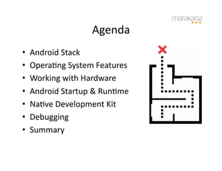 Agenda	
  
•    Android	
  Stack	
  
•    Opera6ng	
  System	
  Features	
  
•    Working	
  with	
  Hardware	
  
•    Android	
  Startup	
  &	
  Run6me	
  
•    Na6ve	
  Development	
  Kit	
  
•    Debugging	
  
•    Summary	
  
 