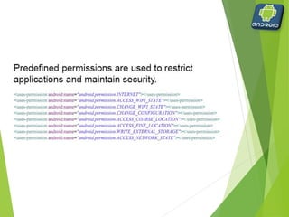 Project identification
 When creating a new project, the following must be
provided
 Project name
 Displayed in Eclipse to differentiate projects
 Application name
 Activity name
 The first screen displayed when the application is launched
 Package name
 com.csci153.name
 