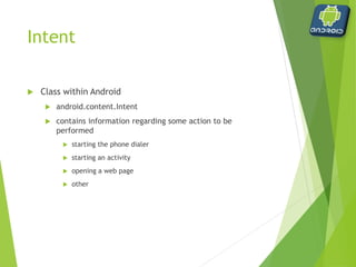 Intent Example
 Starting the phone dialer
Intent intent = new
Intent(Intent.ACTION_DIAL,Uri.parse("tel:5551234"));
startActivity(intent);
 