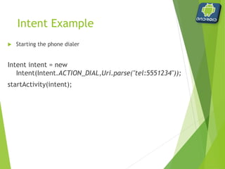 Intent Example
 Opening a web page
Intent intent = new
Intent(Intent.ACTION_VIEW,Uri.parse
(”http://www.google.com”));
startActivity(intent);
 