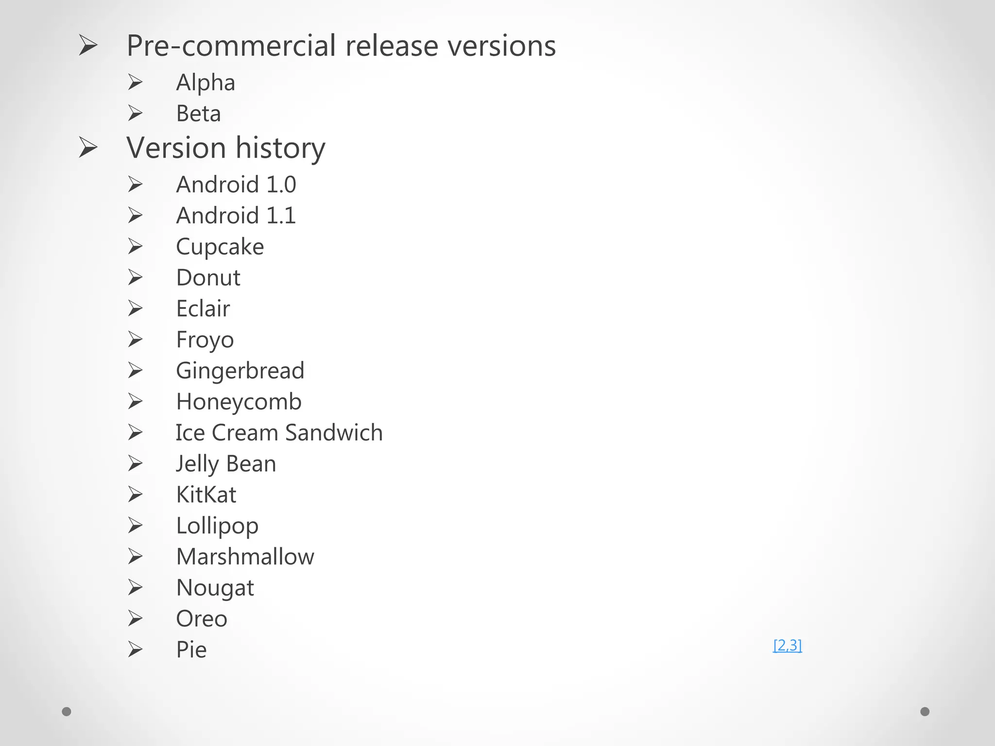  Pre-commercial release versions
 Alpha
 Beta
 Version history
 Android 1.0
 Android 1.1
 Cupcake
 Donut
 Eclair
 Froyo
 Gingerbread
 Honeycomb
 Ice Cream Sandwich
 Jelly Bean
 KitKat
 Lollipop
 Marshmallow
 Nougat
 Oreo
 Pie [2,3]
 