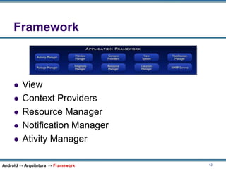 12
Framework
 View
 Context Providers
 Resource Manager
 Notification Manager
 Ativity Manager
Android → Arquitetura → Framework
 