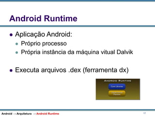 17
Android Runtime
 Aplicação Android:
 Próprio processo
 Própria instância da máquina vitual Dalvik
 Executa arquivos .dex (ferramenta dx)
Android → Arquitetura → Android Runtime
 