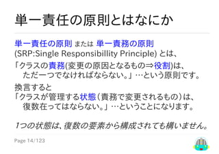 Page	14/123
単一責任の原則とはなにか
単一責任の原則	または	単一責務の原則
(SRP:Single	Responsibillity	Principle)	とは、
「クラスの責務(変更の原因となるもの⇒役割)は、
　ただ一つでなければならない。」	…という原則です。
換言すると
「クラスが管理する状態（責務で変更されるもの）は、
　復数在ってはならない。」	…ということになります。
１つの状態は、復数の要素から構成されても構いません。
 