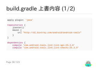 Page	38/123
build.gradle	上書内容	(1/2)
apply	plugin:	'java'
repositories	{
				jcenter()
				maven	{
								url	"http://dl.bintray.com/android/android-tools"
				}
}
dependencies	{
				compile	'com.android.tools.lint:lint-api:25.3.0'
				compile	'com.android.tools.lint:lint-checks:25.3.0'
 