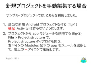 Page	31/123
新規プロジェクトを手動編集する場合
サンプル・プロジェクトでは、こちらを利用しました。
1.	 適当な新規	Android	プロジェクトを作る	(fig-1)
補足：Activity	は作らないようにします。
2.	 プ...