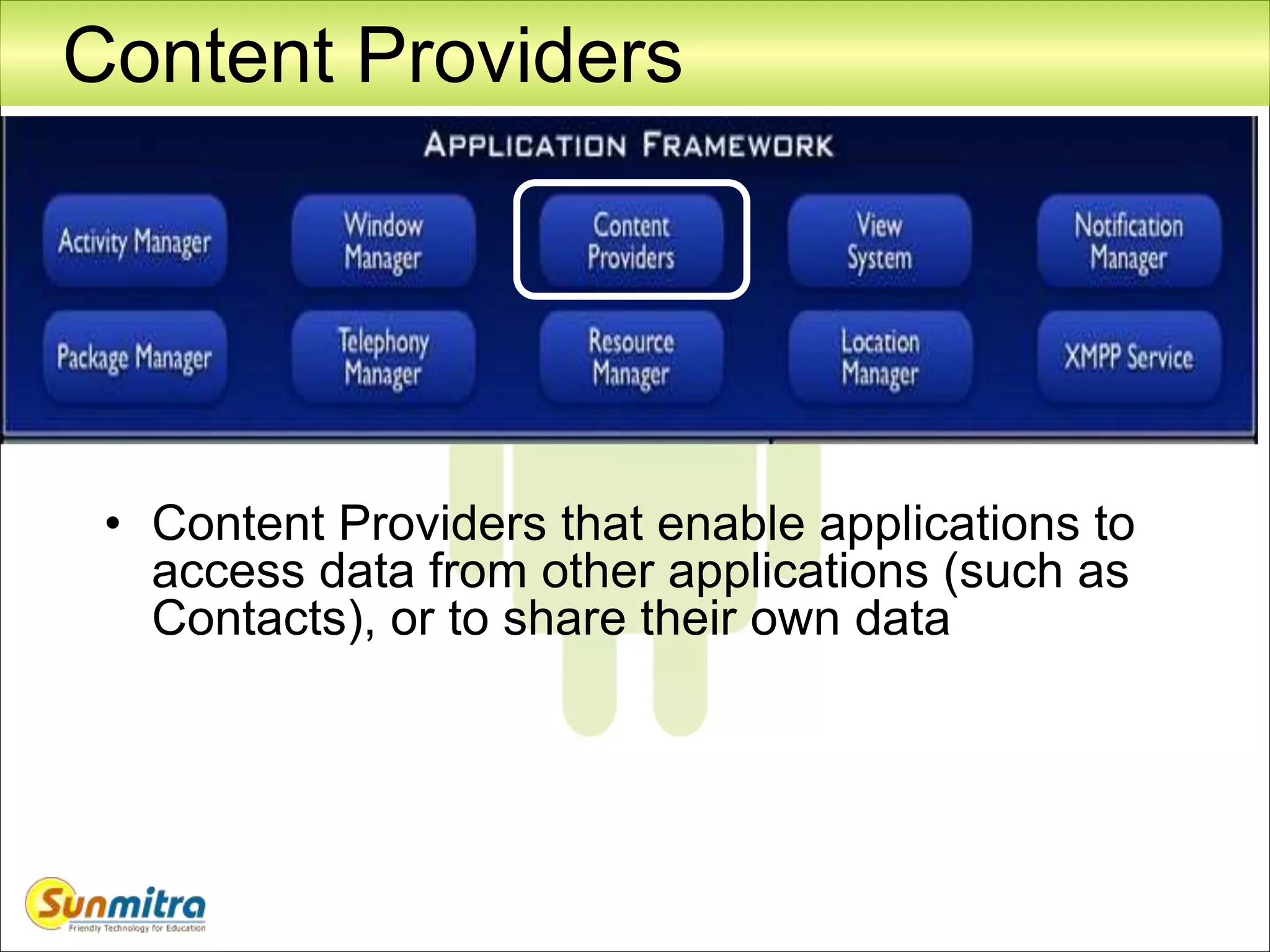 Content Providers
• Content Providers that enable applications to
access data from other applications (such as
Contacts), or to share their own data
 