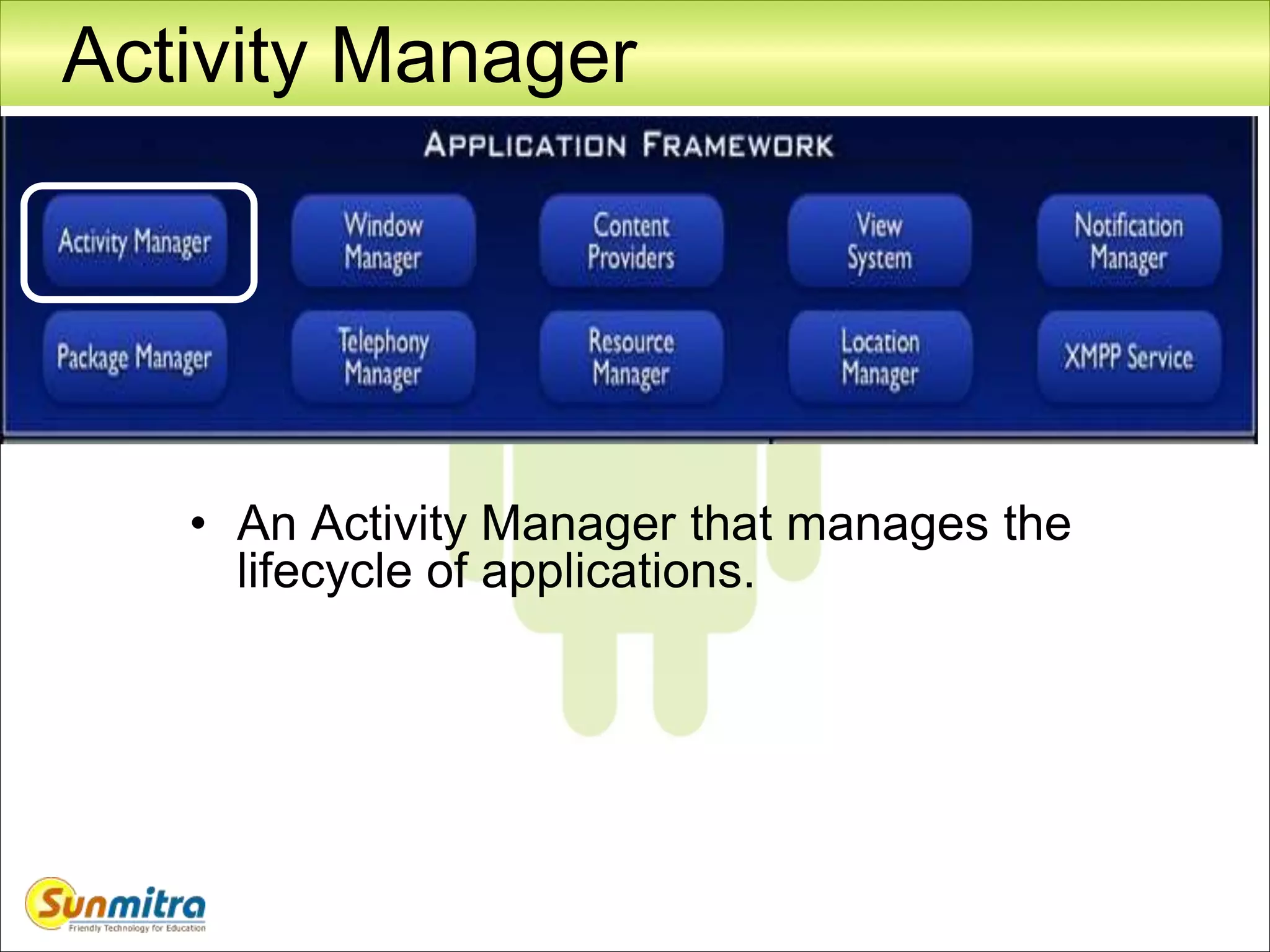 Activity Manager
• An Activity Manager that manages the
lifecycle of applications.
 