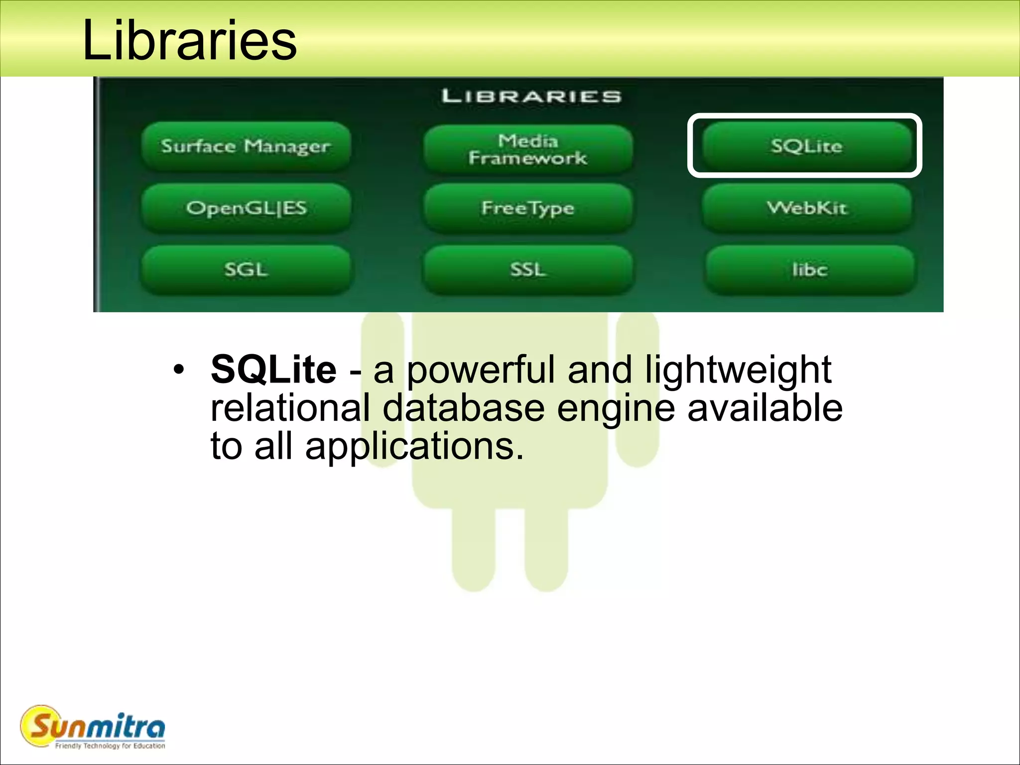 Libraries
• SQLite - a powerful and lightweight
relational database engine available
to all applications.
 