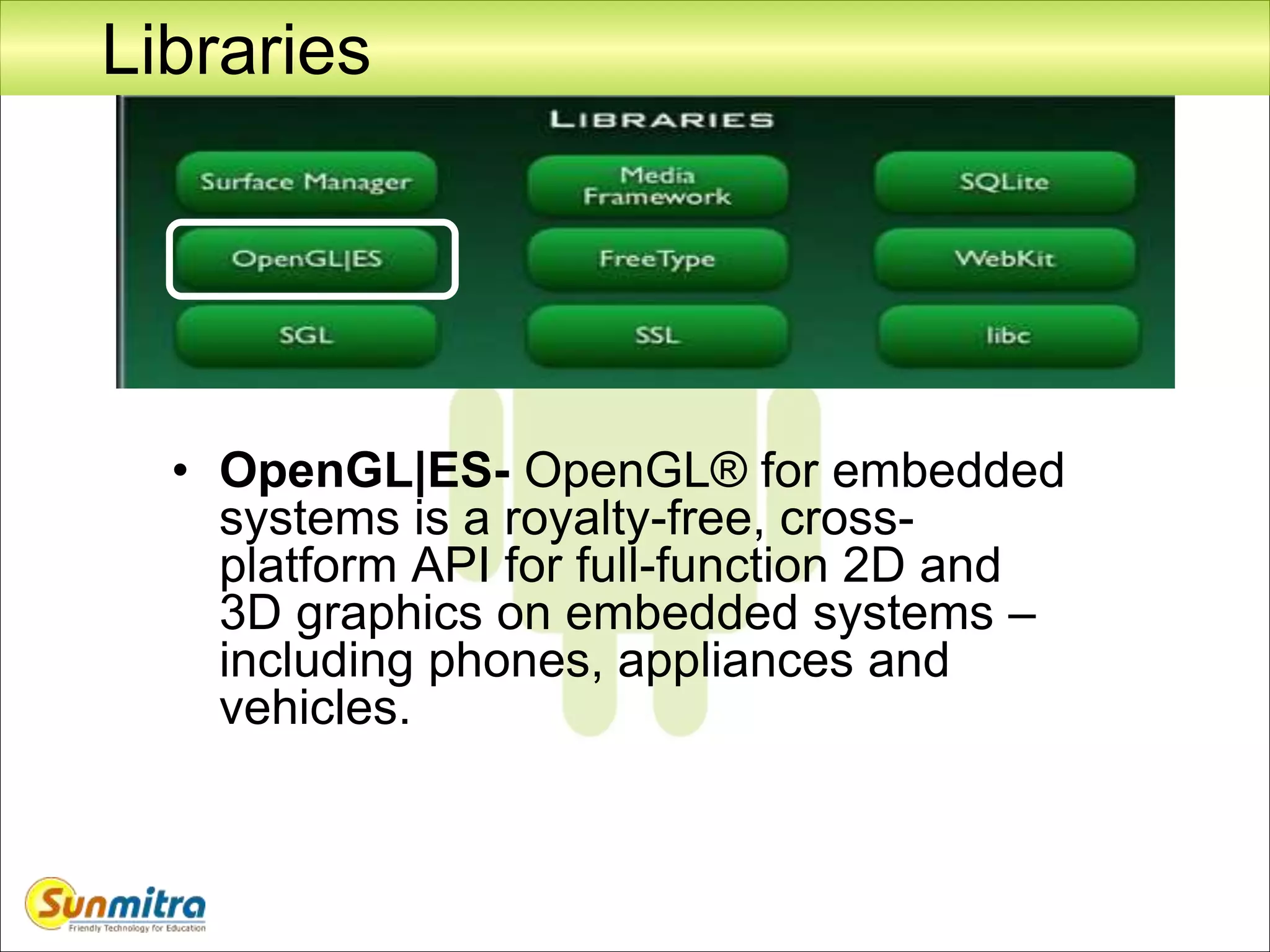 Libraries
• OpenGL|ES- OpenGL® for embedded
systems is a royalty-free, cross-
platform API for full-function 2D and
3D graphics on embedded systems –
including phones, appliances and
vehicles.
 