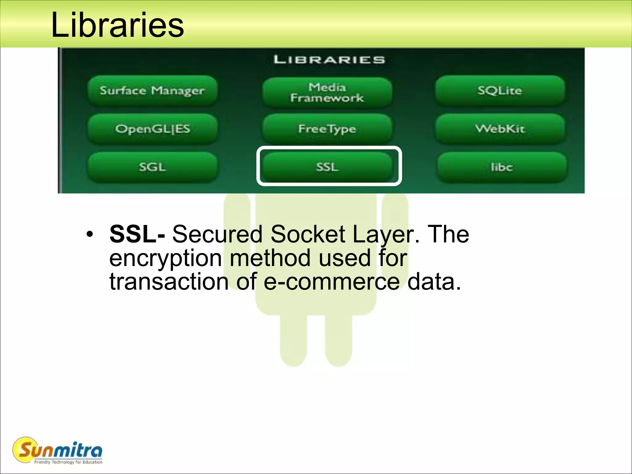 Libraries
• SSL- Secured Socket Layer. The
encryption method used for
transaction of e-commerce data.
 