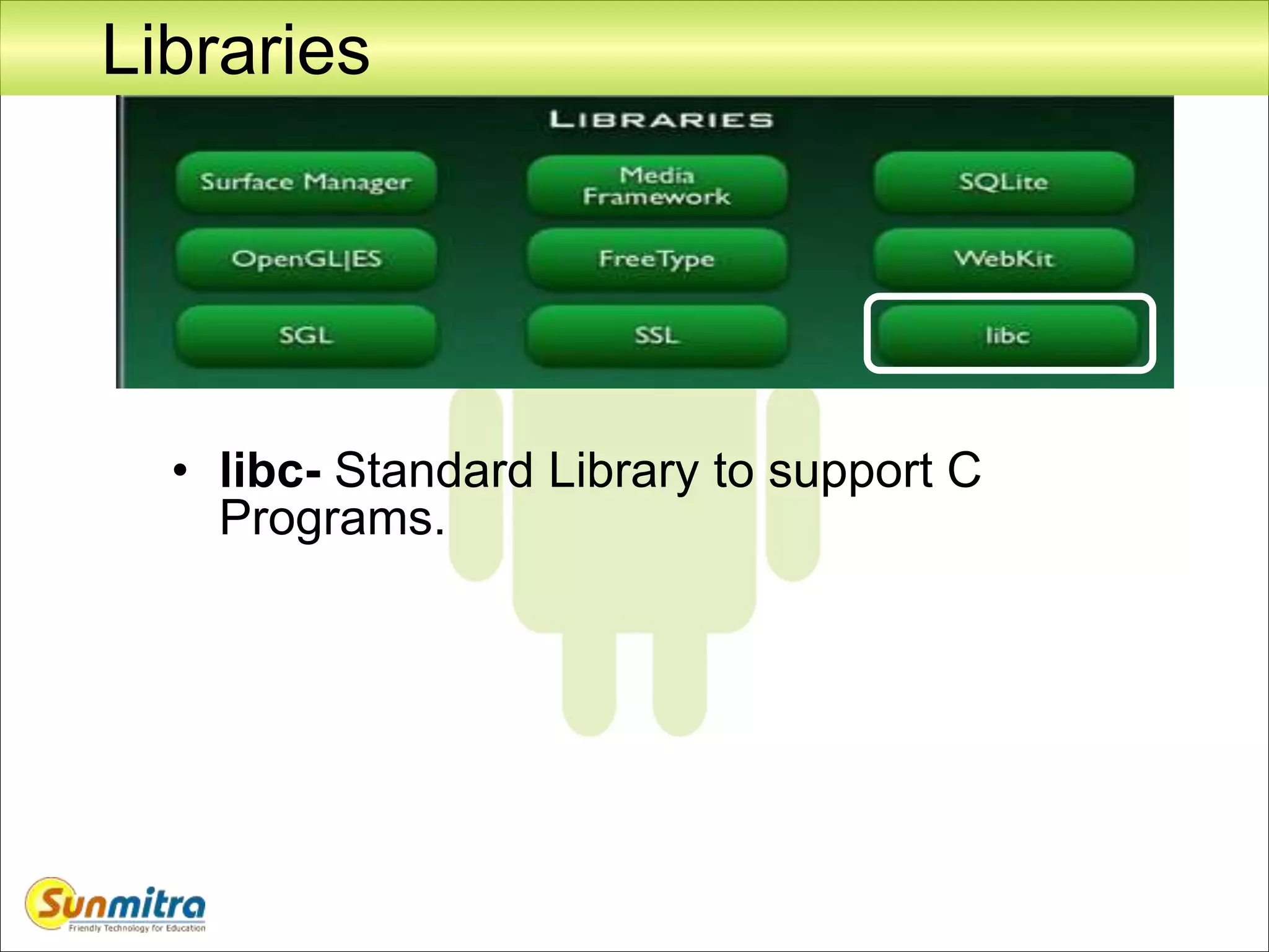 Libraries
• libc- Standard Library to support C
Programs.
 