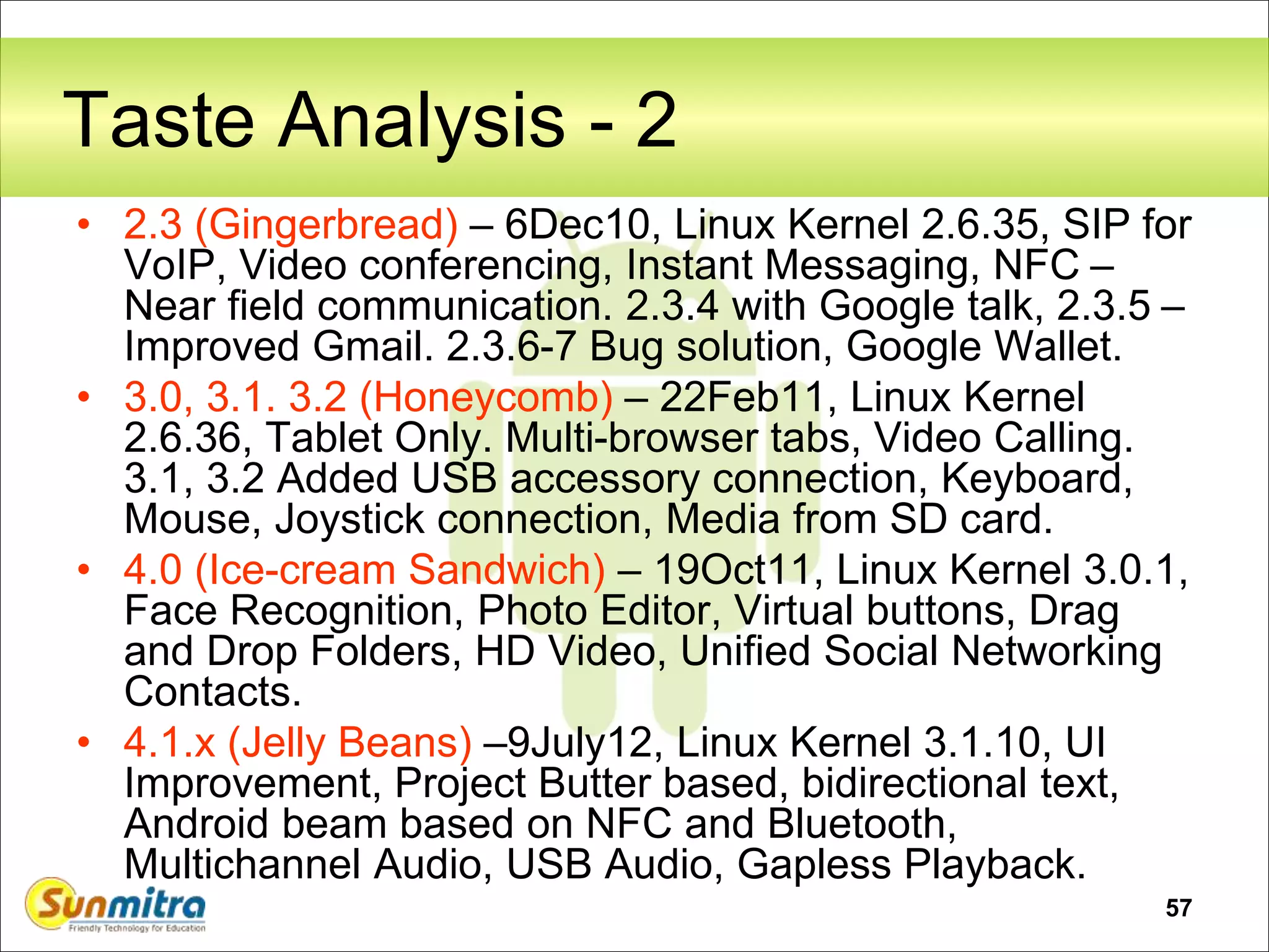 57
Taste Analysis - 2
• 2.3 (Gingerbread) – 6Dec10, Linux Kernel 2.6.35, SIP for
VoIP, Video conferencing, Instant Messaging, NFC –
Near field communication. 2.3.4 with Google talk, 2.3.5 –
Improved Gmail. 2.3.6-7 Bug solution, Google Wallet.
• 3.0, 3.1. 3.2 (Honeycomb) – 22Feb11, Linux Kernel
2.6.36, Tablet Only. Multi-browser tabs, Video Calling.
3.1, 3.2 Added USB accessory connection, Keyboard,
Mouse, Joystick connection, Media from SD card.
• 4.0 (Ice-cream Sandwich) – 19Oct11, Linux Kernel 3.0.1,
Face Recognition, Photo Editor, Virtual buttons, Drag
and Drop Folders, HD Video, Unified Social Networking
Contacts.
• 4.1.x (Jelly Beans) –9July12, Linux Kernel 3.1.10, UI
Improvement, Project Butter based, bidirectional text,
Android beam based on NFC and Bluetooth,
Multichannel Audio, USB Audio, Gapless Playback.
 