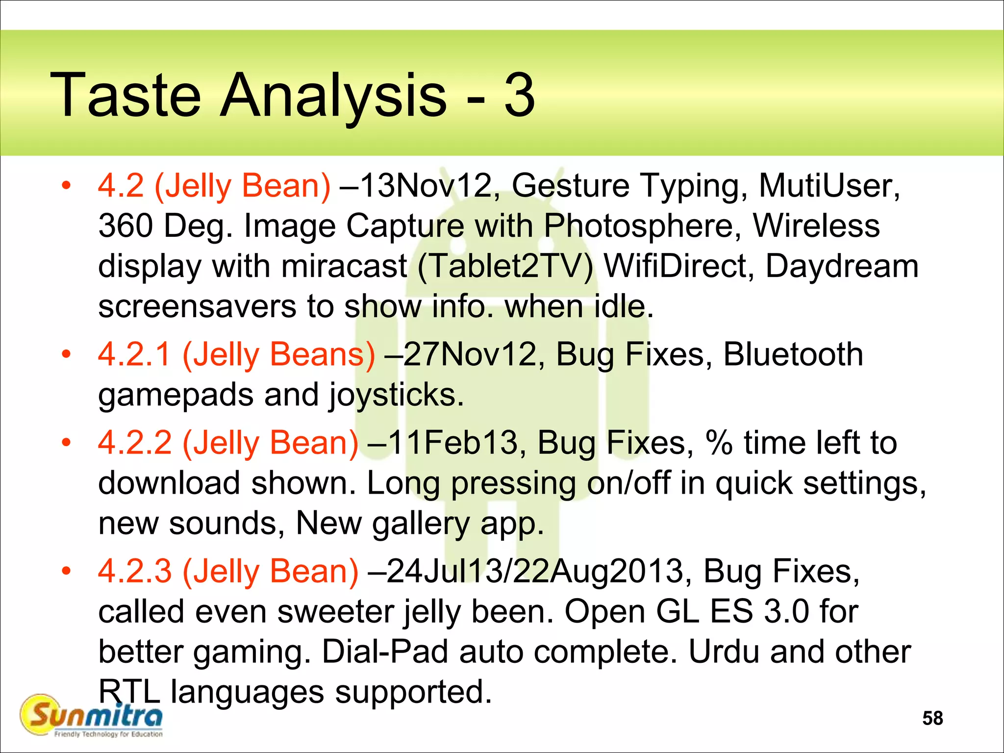 58
Taste Analysis - 3
• 4.2 (Jelly Bean) –13Nov12, Gesture Typing, MutiUser,
360 Deg. Image Capture with Photosphere, Wireless
display with miracast (Tablet2TV) WifiDirect, Daydream
screensavers to show info. when idle.
• 4.2.1 (Jelly Beans) –27Nov12, Bug Fixes, Bluetooth
gamepads and joysticks.
• 4.2.2 (Jelly Bean) –11Feb13, Bug Fixes, % time left to
download shown. Long pressing on/off in quick settings,
new sounds, New gallery app.
• 4.2.3 (Jelly Bean) –24Jul13/22Aug2013, Bug Fixes,
called even sweeter jelly been. Open GL ES 3.0 for
better gaming. Dial-Pad auto complete. Urdu and other
RTL languages supported.
 