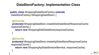 15
DataStoreFactory: Implementation Class
public class ShoppingDataStoreFactory extends
DataStoreFactory<ShoppingDataStore> {
@Override
protected ShoppingDataStore createDiskDataStore(ResponseCache
responseCache) {
return new ShoppingDiskDataStore(responseCache);
}
@Override
protected ShoppingDataStore createApiDataStore(ResponseCache
responseCache) {
return new ShoppingApiDataStore(mService, responseCache);
}
}
 