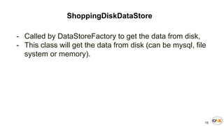 18
ShoppingDiskDataStore
- Called by DataStoreFactory to get the data from disk,
- This class will get the data from disk (can be mysql, file
system or memory).
 