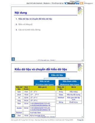 Lập trình viên Android – Module x – Tải về trọn bộ tại .
Bản quyền © Trung Tâm Tin Học - Đại Học Khoa Học Tự Nhiên | Xuất bản bởi ®Công GMC Trang 16
 