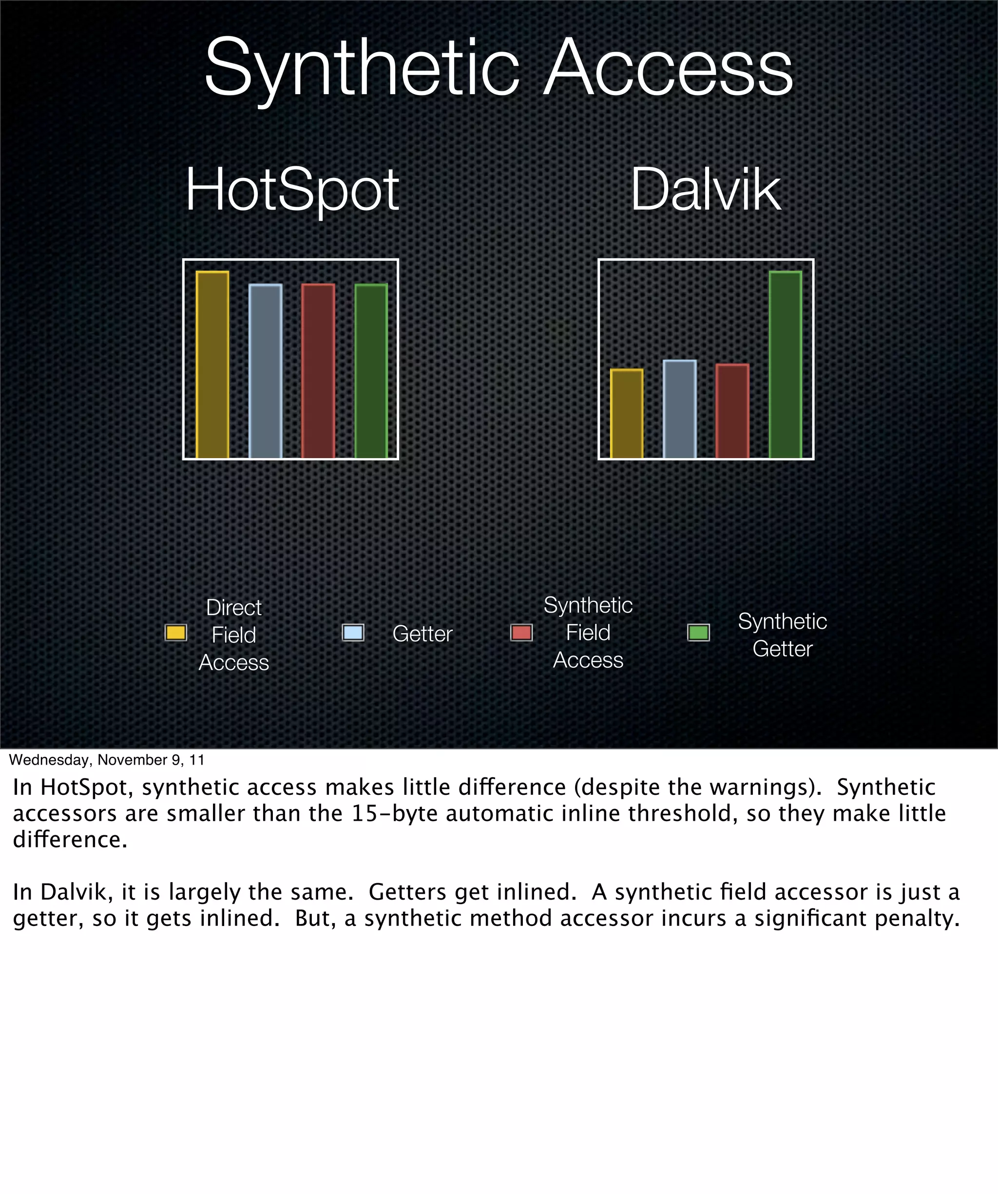 Synthetic Access
                      HotSpot                              Dalvik




                         Direct                   Synthetic
                                                                     Synthetic
                         Field      Getter          Field
                                                                      Getter
                        Access                     Access



Wednesday, November 9, 11

In HotSpot, synthetic access makes little difference (despite the warnings). Synthetic
accessors are smaller than the 15-byte automatic inline threshold, so they make little
difference.

In Dalvik, it is largely the same. Getters get inlined. A synthetic ﬁeld accessor is just a
getter, so it gets inlined. But, a synthetic method accessor incurs a signiﬁcant penalty.
 