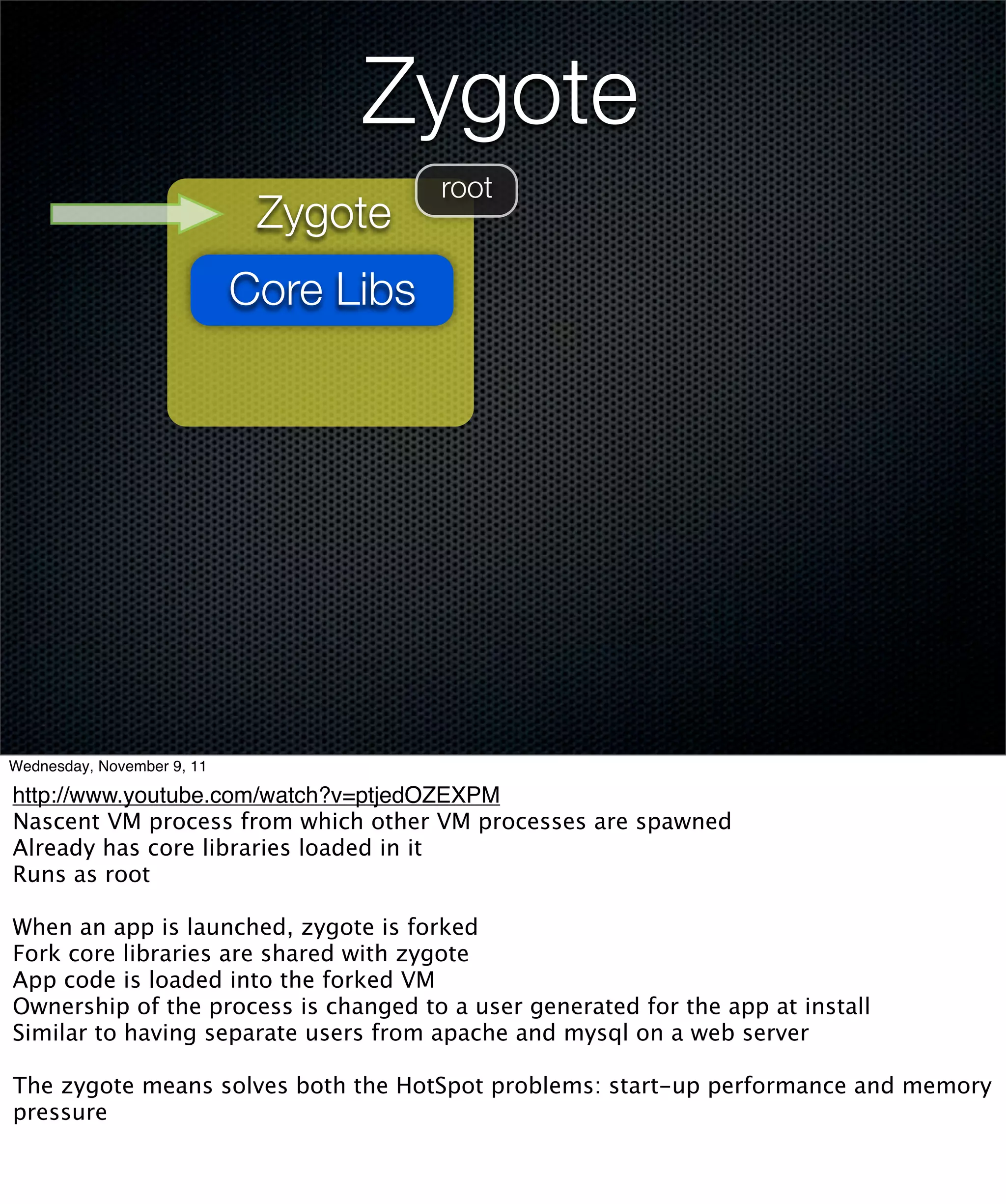 Zygote
                                        root
                             Zygote
                            Core Libs




Wednesday, November 9, 11

http://www.youtube.com/watch?v=ptjedOZEXPM
Nascent VM process from which other VM processes are spawned
Already has core libraries loaded in it
Runs as root

When an app is launched, zygote is forked
Fork core libraries are shared with zygote
App code is loaded into the forked VM
Ownership of the process is changed to a user generated for the app at install
Similar to having separate users from apache and mysql on a web server

The zygote means solves both the HotSpot problems: start-up performance and memory
pressure
 