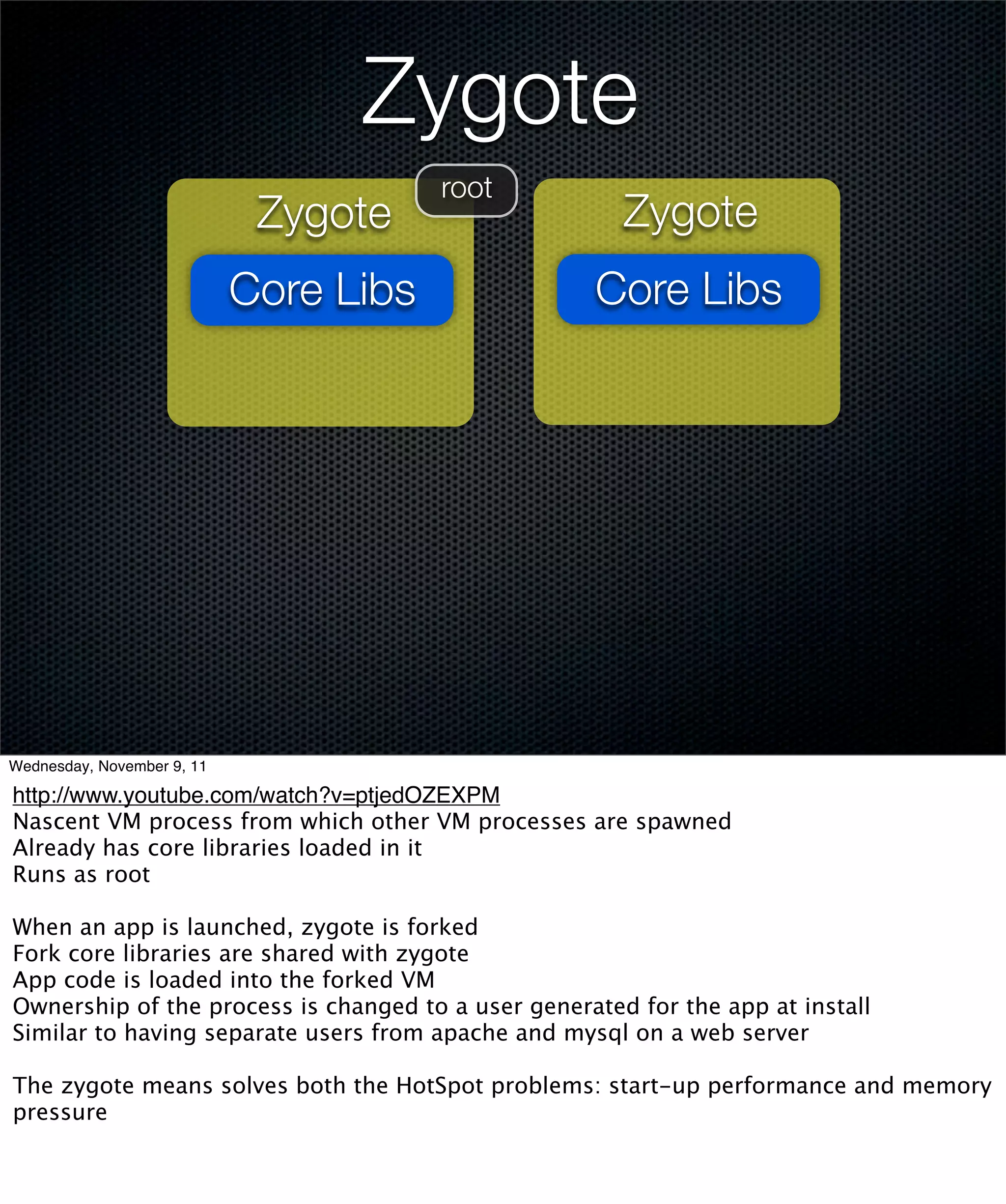 Zygote
                                        root
                             Zygote                    Zygote
                            Core Libs               Core Libs




Wednesday, November 9, 11

http://www.youtube.com/watch?v=ptjedOZEXPM
Nascent VM process from which other VM processes are spawned
Already has core libraries loaded in it
Runs as root

When an app is launched, zygote is forked
Fork core libraries are shared with zygote
App code is loaded into the forked VM
Ownership of the process is changed to a user generated for the app at install
Similar to having separate users from apache and mysql on a web server

The zygote means solves both the HotSpot problems: start-up performance and memory
pressure
 