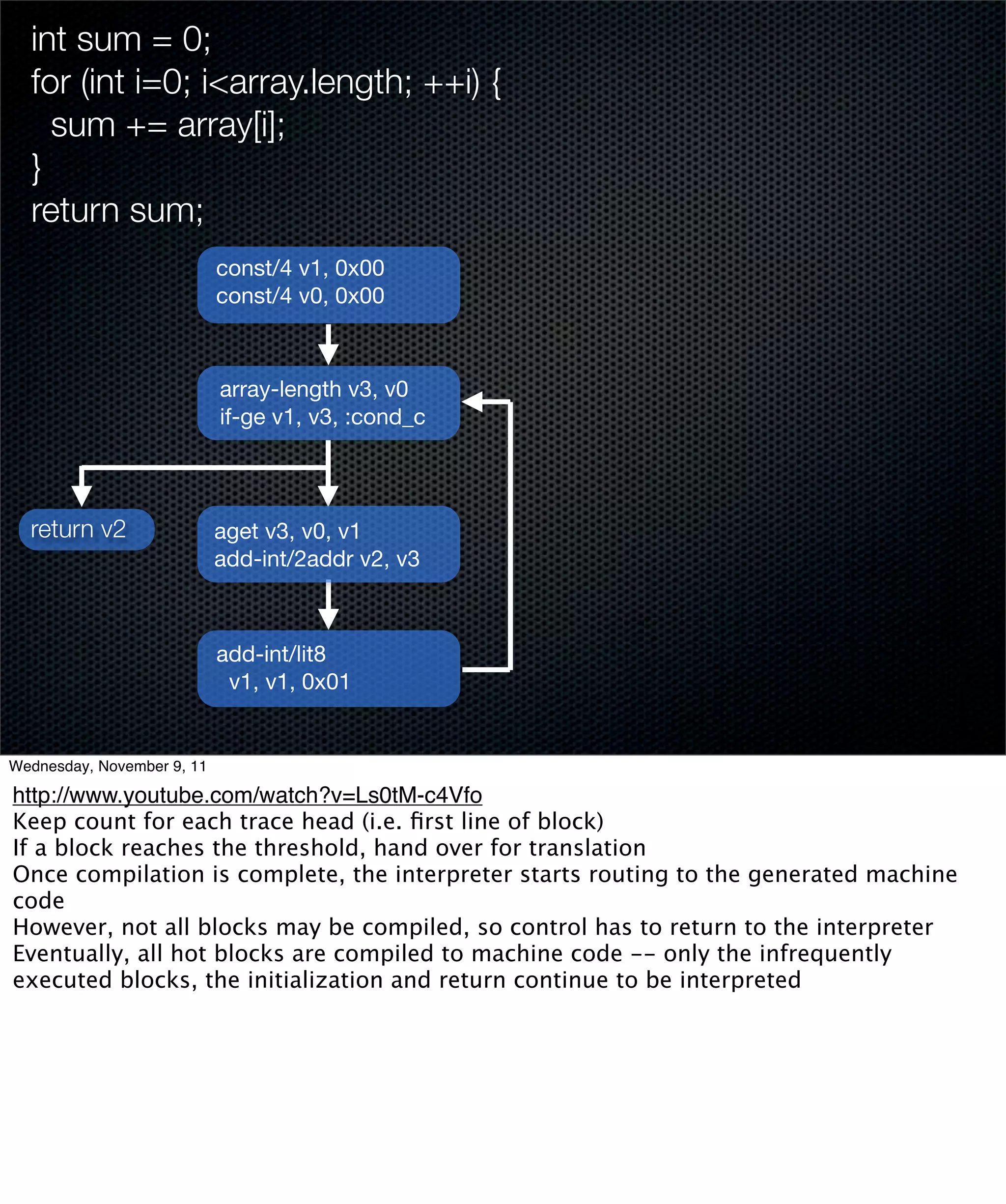 int sum = 0;
  for (int i=0; i<array.length; ++i) {
    sum += array[i];
  }
  return sum;
                            const/4 v1, 0x00
                            const/4 v0, 0x00



                            array-length v3, v0
                            if-ge v1, v3, :cond_c



  return v2                 aget v3, v0, v1
                            add-int/2addr v2, v3



                            add-int/lit8
                             v1, v1, 0x01


Wednesday, November 9, 11

http://www.youtube.com/watch?v=Ls0tM-c4Vfo
Keep count for each trace head (i.e. ﬁrst line of block)
If a block reaches the threshold, hand over for translation
Once compilation is complete, the interpreter starts routing to the generated machine
code
However, not all blocks may be compiled, so control has to return to the interpreter
Eventually, all hot blocks are compiled to machine code -- only the infrequently
executed blocks, the initialization and return continue to be interpreted
 