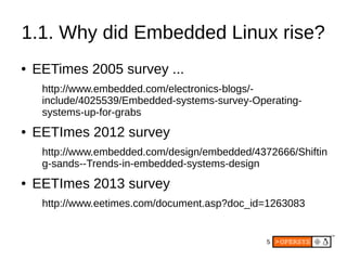 5
1.1. Why did Embedded Linux rise?
● EETimes 2005 survey ...
http://www.embedded.com/electronics-blogs/-
include/4025539/Embedded-systems-survey-Operating-
systems-up-for-grabs
● EETImes 2012 survey
http://www.embedded.com/design/embedded/4372666/Shiftin
g-sands--Trends-in-embedded-systems-design
● EETImes 2013 survey
http://www.eetimes.com/document.asp?doc_id=1263083
 