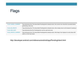 Flags
http://developer.android.com/reference/android/app/PendingIntent.html
 