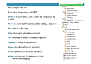 Src: código fonte Java
Gen: fonte Java gerado pelo ADT
Android 4.2.2: Compile with, versão de compilação do
projeto
Assests: arquivos html, textos, fonte, banco,… recursos
Bin: onde ficará o .apk
Libs: bibliotecas utilizadas no projeto
Res: recursos estáticos utilizados no projeto
Drawable: imagens do aplicativo
Layout: interfaces/telas do aplicativo
Menu: desenhos de menu do aplicativo
Values: mensagens de texto do aplicativo
(internacionalização)
 