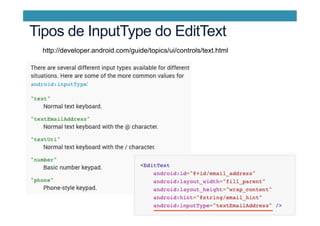 Tipos de InputType do EditText
http://developer.android.com/guide/topics/ui/controls/text.html
 