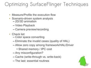 Optimizing SurfaceFlinger Techniques
 • Measure/Profile the execution flow
 • Scenario-driven system analysis
   – 2D/3D animation
   – Video Playback
   – Camera preview/recording
 • Check list:
   – Color space converting
   – Eliminate the invalid cases (quality of HAL)
   – Allow zero copy among framework/HAL/Driver
      • Shared memory / IPC cost
   – Any misconfiguration?
   – Cache (write-through vs. write-back)
   – The last: essential routines
 