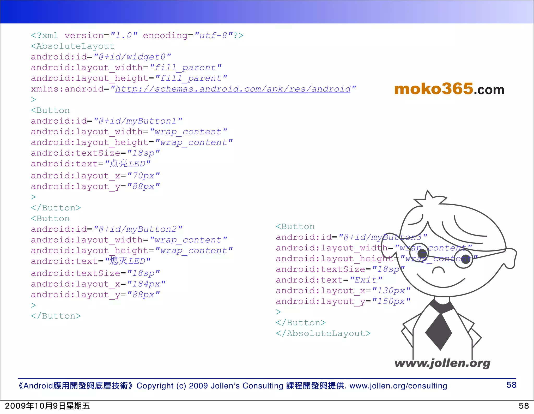 <?xml version="1.0" encoding="utf-8"?> <AbsoluteLayout android:id="@+id/widget0" android:layout_width="fill_parent" android:layout_height="fill_parent" xmlns:android="http://schemas.android.com/apk/res/android" moko365 .com > <Button android:id="@+id/myButton1" android:layout_width="wrap_content" android:layout_height="wrap_content" android:textSize="18sp" android:text=" LED" android:layout_x="70px" android:layout_y="88px" > </Button> <Button android:id="@+id/myButton2" <Button android:layout_width="wrap_content" android:id="@+id/myButton3" android:layout_height="wrap_content" android:layout_width="wrap_content" android:text=" LED" android:layout_height="wrap_content" android:textSize="18sp" android:textSize="18sp" android:layout_x="184px" android:text="Exit" android:layout_y="88px" android:layout_x="130px" > android:layout_y="150px" </Button> > </Button> </AbsoluteLayout> Android Copyright (c) 2009 Jollen’s Consulting . www.jollen.org/consulting 