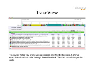 TraceView	
  




TraceView helps you profile you application and find bottlenecks. It shows
execution of various calls through the entire stack. You can zoom into specific
calls.
 
