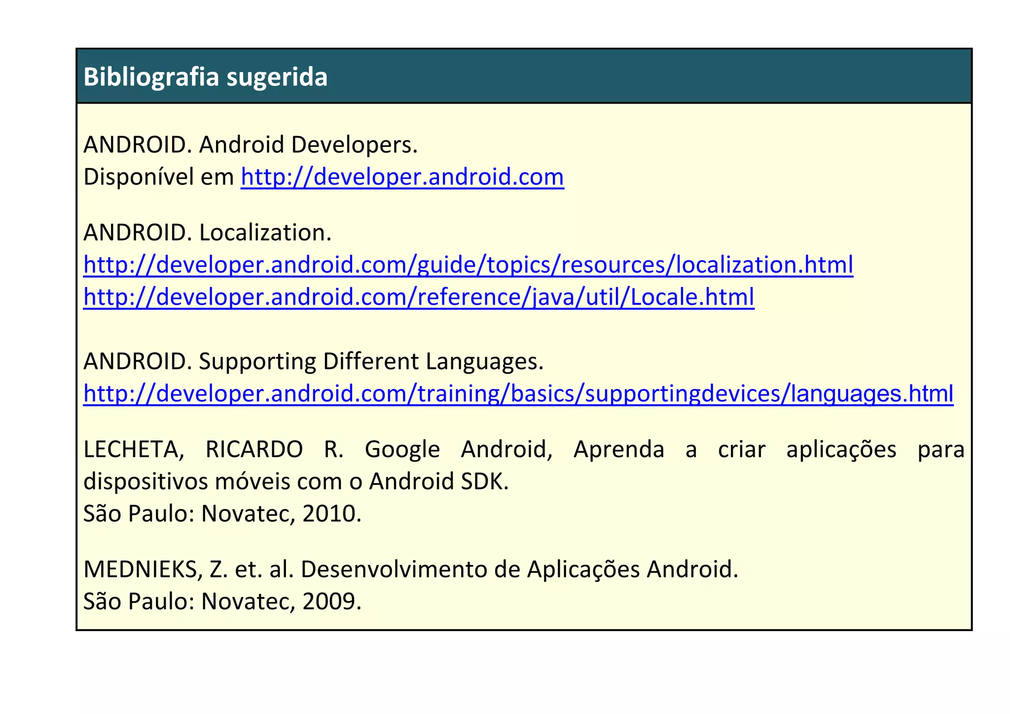 Bibliografia sugerida
ANDROID. Android Developers.
Disponível em http://developer.android.com
ANDROID. Localization.
http://developer.android.com/guide/topics/resources/localization.html
http://developer.android.com/reference/java/util/Locale.html
ANDROID. Supporting Different Languages.
http://developer.android.com/training/basics/supportingdevices/languages.html
LECHETA, RICARDO R. Google Android, Aprenda a criar aplicações para
dispositivos móveis com o Android SDK.
São Paulo: Novatec, 2010.
MEDNIEKS, Z. et. al. Desenvolvimento de Aplicações Android.
São Paulo: Novatec, 2009.
 