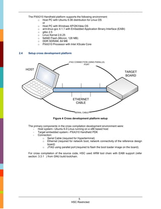 The PXA310 Handheld platform supports the following environment:
             o Host PC with Ubuntu 6.06 distribution for Linux OS
                 or
             o Host PC with Windows XP/2K/Vista OS
             o arm-linux-gcc 4.1.1 with Embedded Application Binary Interface (EABI)
             o glibc 2.5
             o Linux Kernel 2.6.25
             o NAND Flash (Micron, 128 MB)
             o DDR SDRAM, 64 MB
             o PXA310 Processor with Intel XScale Core


2.4    Setup cross development platform


                                        JTAG CONNECTION USING PARALLEL
                                                    PORT

      HOST
                                                                                      TARGET
                                                                                      BOARD




                                           ETHERNET
                                             CABLE


                                             SERIAL CABLE


                           Figure 4 Cross development platform setup

       The primary components in the cross compilation development environment were:
          - Host system:- Ubuntu 6.0 Linux running on a x86 based host
          - Target embedded system:- PXA310 Handheld PDK
          - Connection:
                  o Serial Cable (required for Hyperterminal)
                  o Ethernet (required for network boot, network connectivity of the reference design
                      board)
                  o JTAG using parallel port (required to flash the boot loader image on the board).

       For cross compilation of the source code, HSC used ARM tool chain with EABI support (refer
       section: 3.3.1 ) from GNU build toolchain.




                                               5
                                          HSC Restricted
 