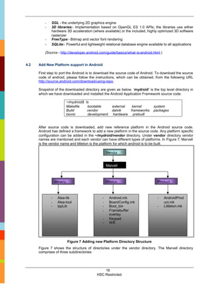-   SGL - the underlying 2D graphics engine
          -   3D libraries:- Implementation based on OpenGL ES 1.0 APIs; the libraries use either
              hardware 3D acceleration (where available) or the included, highly optimized 3D software
              rasterizer
          -   FreeType:- Bitmap and vector font rendering
          -   SQLite:- Powerful and lightweight relational database engine available to all applications

          (Source - http://developer.android.com/guide/basics/what-is-android.html )


4.2   Add New Platform support in Android

      First step to port the Android is to download the source code of Android. To download the source
      code of android, please follow the instructions, which can be obtained, from the following URL
      http://source.android.com/download/using-repo.

      Snapshot of the downloaded directory are given as below. ‘mydroid’ is the top level directory in
      which we have downloaded and installed the Android Application Framework source code.

                            ~/mydroid$   ls
                            Makefile      bootable        external  kernel      system
                            Build         vendor          dalvik   frameworks   packages
                            bionic        development     hardware prebuilt


      After source code is downloaded, add new reference platform in the Android source code.
      Android has defined a framework to add a new platform in the source code. Any platform specific
      configuration can be added in the ~/mydroid/vendor directory. Under vendor directory vendor
      names are mentioned and each vendor can have different types of platforms. In Figure 7, Marvell
      is the vendor name and littleton is the platform for which android is to be built.

                                                      Vendor


                                                      Marvell



                  generic                             littleton                   Product



              -    Alsa-lib                       -     Android.mk                -    AndroidProd
              -    Alsa-tool                      -     BoardConfig.mk                 uct.mk
              -    ippLib                         -     Boot_bin                  -    Littleton.mk
                                                  -     Framebuffer
                                                        overlay
                                                  -     Keypad
                                                  -     Wifi




                            Figure 7 Adding new Platform Directory Structure
      Figure 7 shows the structure of directories under the vendor directory. The Marvell directory
      comprises of three subdirectories:




                                                   16
                                               HSC Restricted
 