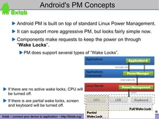 Android's PM Concepts

           Android PM is built on top of standard Linux Power Management.
           It can support more aggressive PM, but looks fairly simple now.
           Components make requests to keep the power on through
           “Wake Locks”.
                PM does support several types of “Wake Locks”.




    If there are no active wake locks, CPU will
    be turned off.
    If there is are partial wake locks, screen
    and keyboard will be turned off.
                                                                             24
0xlab – connect your device to application – http://0xlab.org/
 