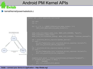 Android PM Kernel APIs
    kernel/kernel/power/wakelock.c


                                   static int __init wakelocks_init(void)
                                   static int __init wakelocks_init(void)
                                   {
                                   {
                                        int ret;
                                        int ret;
                                        int i;
                                        int i;

                                        for (i = 0; i < ARRAY_SIZE(active_wake_locks); i++)
                                        for (i = 0; i < ARRAY_SIZE(active_wake_locks); i++)
                                             INIT_LIST_HEAD(&active_wake_locks[i]);
                                             INIT_LIST_HEAD(&active_wake_locks[i]);


                                        wake_lock_init(&main_wake_lock, WAKE_LOCK_SUSPEND, "main");
                                        wake_lock_init(&main_wake_lock, WAKE_LOCK_SUSPEND, "main");
                                        wake_lock(&main_wake_lock);
                                        wake_lock(&main_wake_lock);
                                        wake_lock_init(&unknown_wakeup, WAKE_LOCK_SUSPEND, "unknown_wakeups");
                                        wake_lock_init(&unknown_wakeup, WAKE_LOCK_SUSPEND, "unknown_wakeups");

                                        ret = platform_device_register(&power_device);
                                        ret = platform_device_register(&power_device);
                                        if (ret) {
                                        if (ret) {
                                             pr_err("wakelocks_init: platform_device_register
                                             pr_err("wakelocks_init: platform_device_register   failedn");
                                                                                                failedn");
                                             goto err_platform_device_register;
                                             goto err_platform_device_register;
                                        }
                                        }
                                        ret = platform_driver_register(&power_driver);
                                        ret = platform_driver_register(&power_driver);
                                        if (ret) {
                                        if (ret) {
                                             pr_err("wakelocks_init: platform_driver_register
                                             pr_err("wakelocks_init: platform_driver_register   failedn");
                                                                                                failedn");
                                             goto err_platform_driver_register;
                                             goto err_platform_driver_register;
                                        }
                                        }

                                        suspend_work_queue = create_singlethread_workqueue("suspend");
                                        suspend_work_queue = create_singlethread_workqueue("suspend");
                                        if (suspend_work_queue == NULL) {
                                        if (suspend_work_queue == NULL) {
                                             ret = -ENOMEM;
                                             ret = -ENOMEM;
                                             goto err_suspend_work_queue;
                                             goto err_suspend_work_queue;
                                        }
                                        }                                                                     33
0xlab – connect your device to application – http://0xlab.org/
 