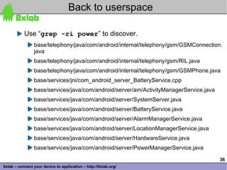 Back to userspace

           Use “grep -ri power” to discover.
                base/telephony/java/com/android/internal/telephony/gsm/GSMConnection.
                java
                base/telephony/java/com/android/internal/telephony/gsm/RIL.java
                base/telephony/java/com/android/internal/telephony/gsm/GSMPhone.java
                base/services/jni/com_android_server_BatteryService.cpp
                base/services/java/com/android/server/am/ActivityManagerService.java
                base/services/java/com/android/server/SystemServer.java
                base/services/java/com/android/server/BatteryService.java
                base/services/java/com/android/server/AlarmManagerService.java
                base/services/java/com/android/server/LocationManagerService.java
                base/services/java/com/android/server/HardwareService.java
                base/services/java/com/android/server/PowerManagerService.java

                                                                                       36
0xlab – connect your device to application – http://0xlab.org/
 