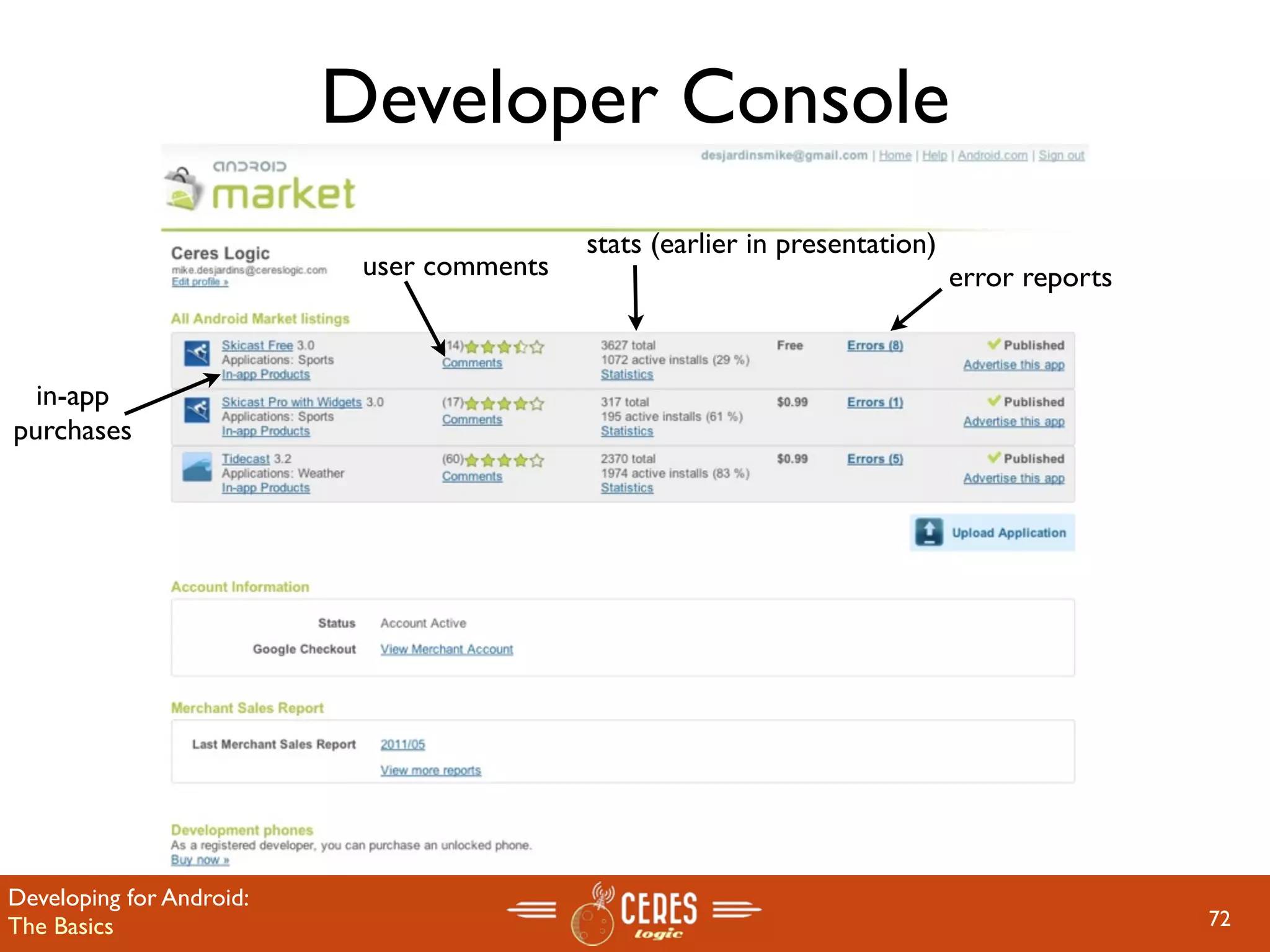 Developer Console
                                           stats (earlier in presentation)
                           user comments                                     error reports


  in-app
purchases




Developing for Android:
The Basics                                                                                   72
 
