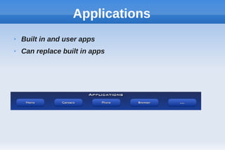 Applications
➢ Built in and user apps
➢ Can replace built in apps
 