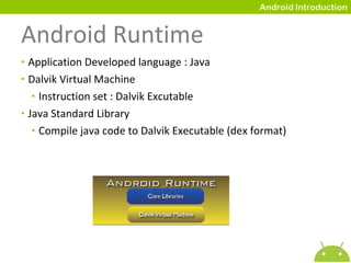 Android Runtime Application Developed language : Java Dalvik Virtual Machine  Instruction set : Dalvik Excutable  Java Standard Library Compile java code to Dalvik Executable (dex format) 
