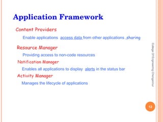Enable applications  access data  from other applications , sharing Providing access to non-code resources Enables all applications to display  alerts  in the status bar Manages the lifecycle of applications College Of Engineering Chengannur Application Framework 