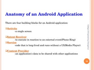 College Of Engineering Chengannur Anatomy of an Android Application There are four building blocks for an Android application: Activity   -a single screen Intent Receiver -to execute in reaction to an external event(Phone Ring) Service   -code that is long-lived and runs without a UI(Media Player) Content Provider   -an application's data to be shared with other applications 