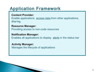 Content Provider:
Enable applications access data from other applications,
sharing
Resource Manager:
Providing access to non-code resources
Notification Manager:
Enables all applications to display alerts in the status bar
Activity Manager:
Manages the lifecycle of applications
12
Application Framework
 