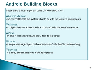 17
Android Building Blocks
These are the most important parts of the Android APIs:
Android Manifest
-the control file-tells the system what to do with the top-level components
Activities
-an object that has a life cycle-is a chunk of code that does some work
Views
-an object that knows how to draw itself to the screen
Intents
-a simple message object that represents an "intention" to do something
Services
-is a body of code that runs in the background
 