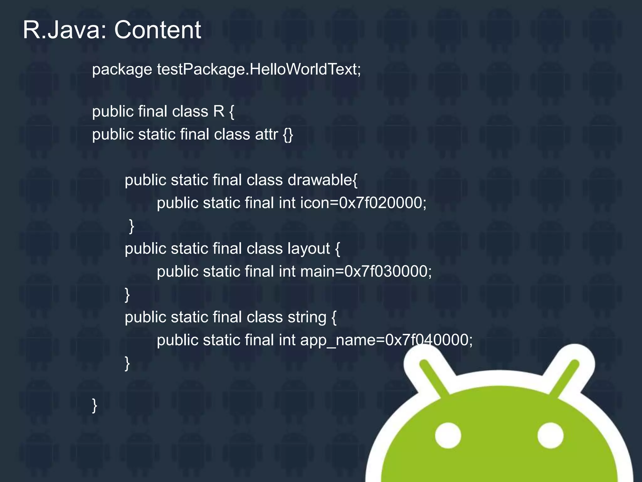 package testPackage.HelloWorldText; public final class R { public static final class attr {} public static final class drawable{ public static final int icon=0x7f020000; } public static final class layout { public static final int main=0x7f030000; } public static final class string { public static final int app_name=0x7f040000; } } R.Java: Content 